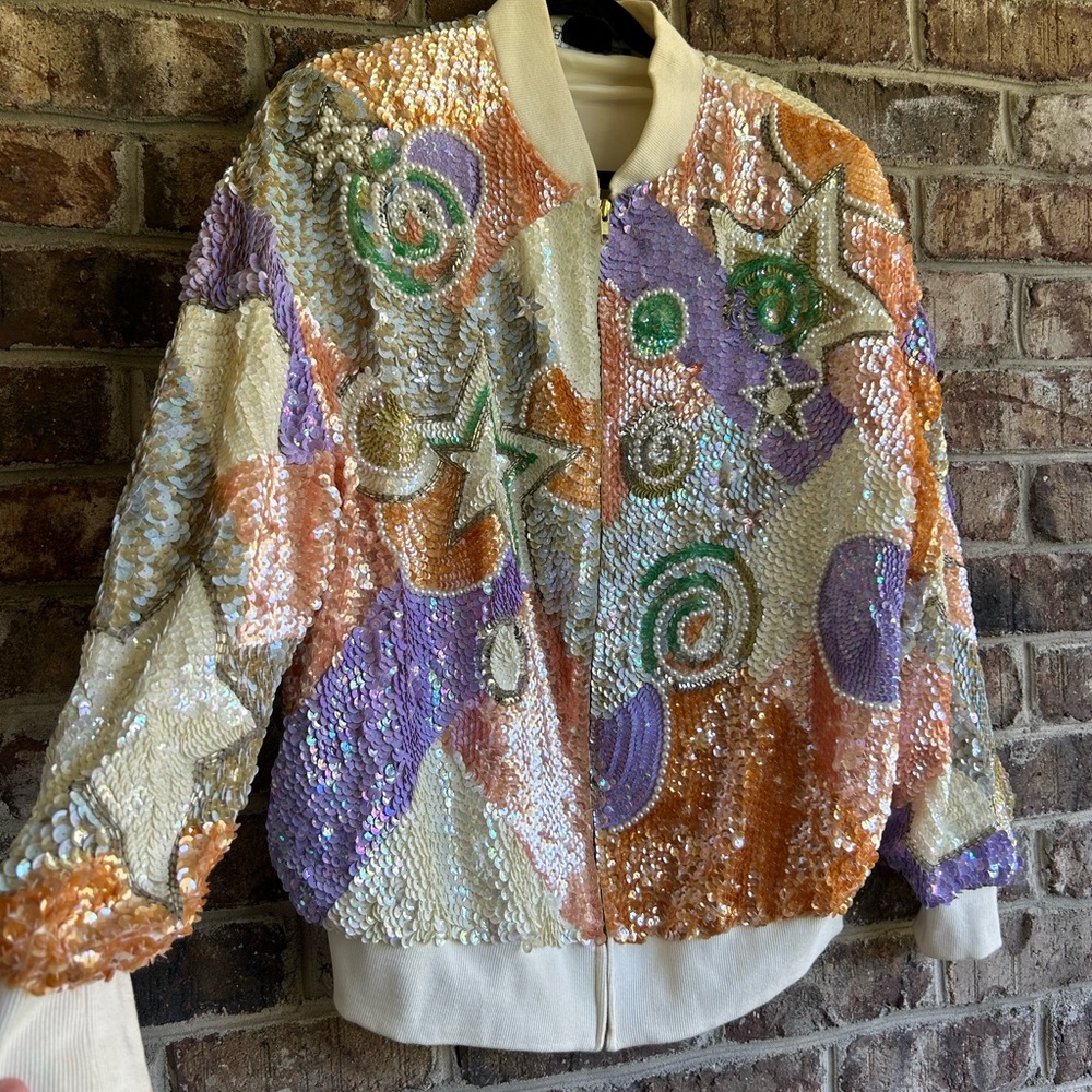 Vintage 1980s Bomber 100% Silk Sequin Jacket Size 12